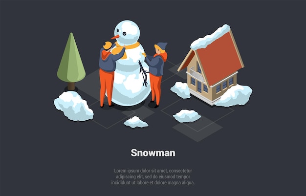 Winter Holidays Christmas And New Year Vacations Children Make Snowman Teenagers Have Lots Of Fun Spending Time Together Winter Active Games And Entertainment Isometric 3D Vector Illustration