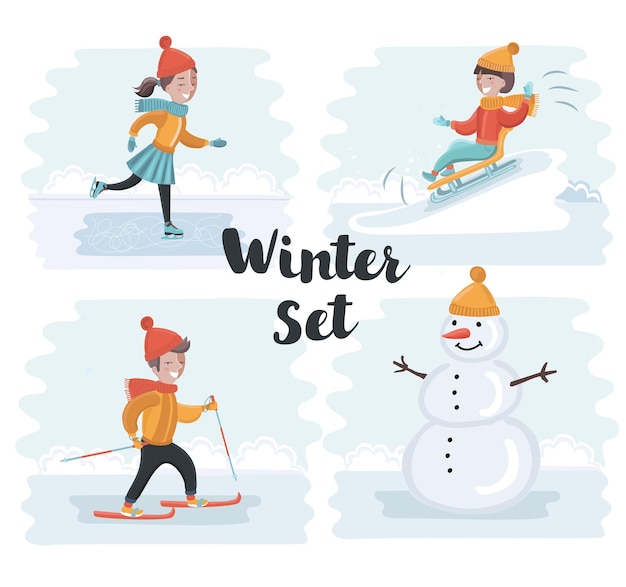 Winter holidays little girl sculpts snowman skating skiing sledding dresses up christmas tree boy re...