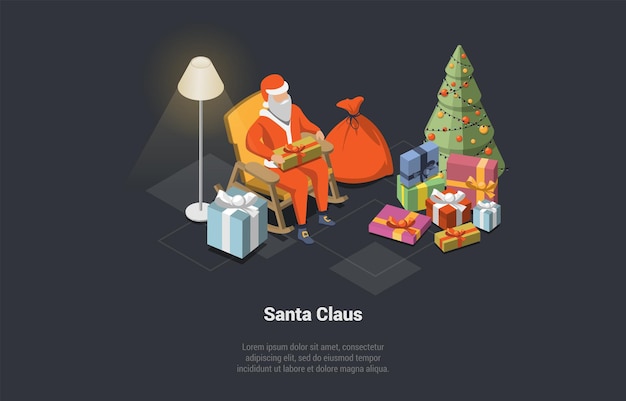 Winter Holidays And Vacations Cheerful Santa Sitting In Armchair With Gift box Sack Behind With Lots Of Gifts And Beautiful Christmas Tree Wishing Happy New Year Isometric 3d Vector Illustration