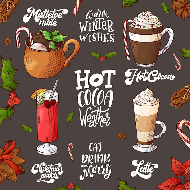 Winter hot drinks Set of hand drawn sketch Can be used for bar menu card flyer poster Christmas