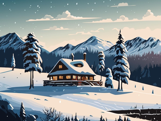 Winter house landscape rural scene with snowy mountains spruce trees and wooden house