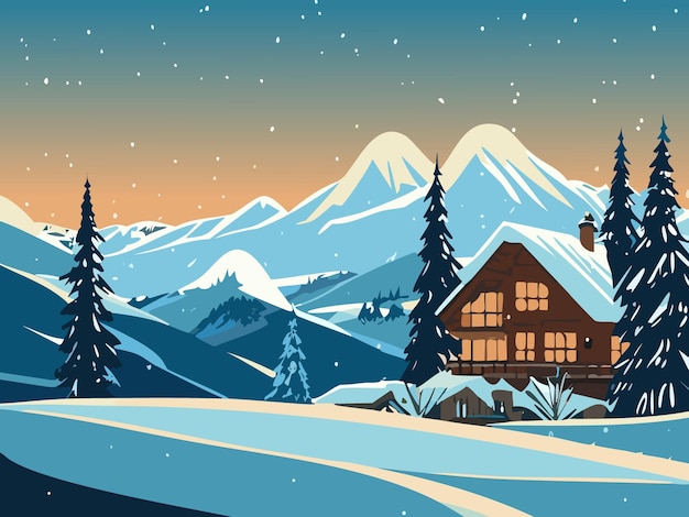 Winter house landscape rural scene with snowy mountains spruce trees and wooden house