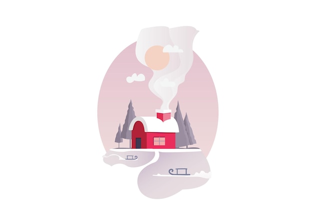 Winter House Merry Christmas Flat Style Illustration