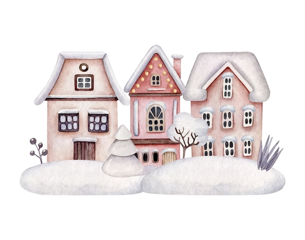 Winter houses in snowfall