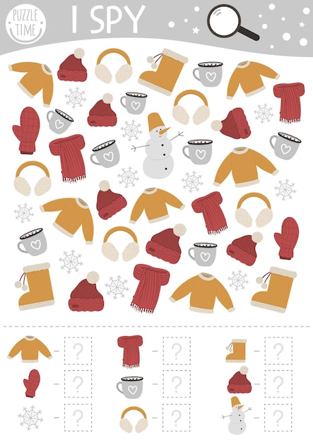 Winter I spy game for kids Searching and counting activity for preschool children with snowman warm drink and clothes Funny Christmas printable worksheet for kids Simple New Year spotting puzzlexA