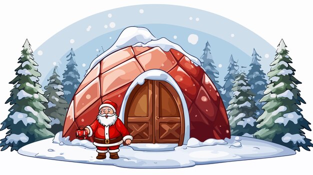 Vector winter illustration of igloo and santa claus in natural setting