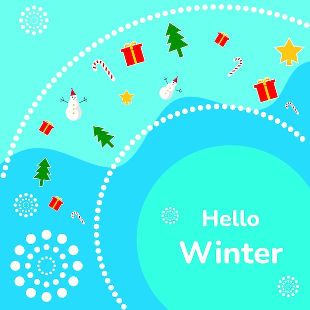 winter illustration. winter background with snowman, star, tree, giftbox, candy cane and snowflakes