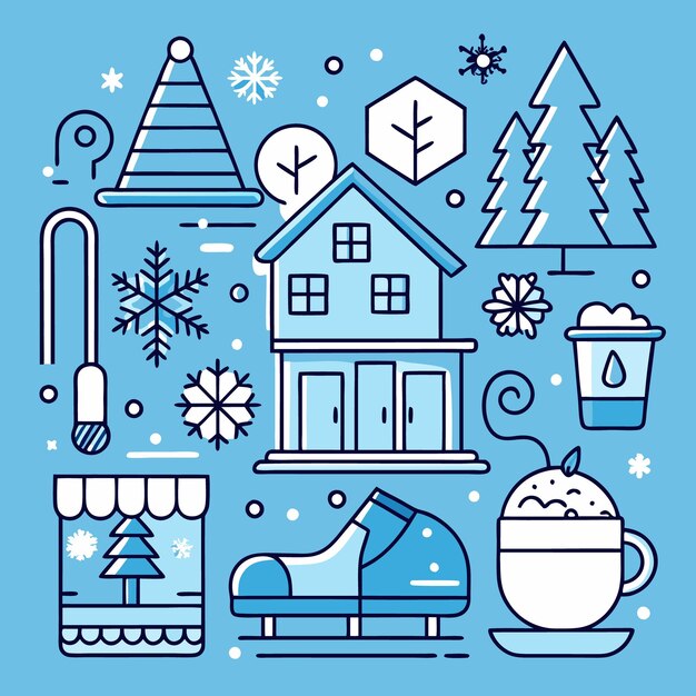 Vector winter illustration with snowflakes houses skates trees and coffee cup on blue background