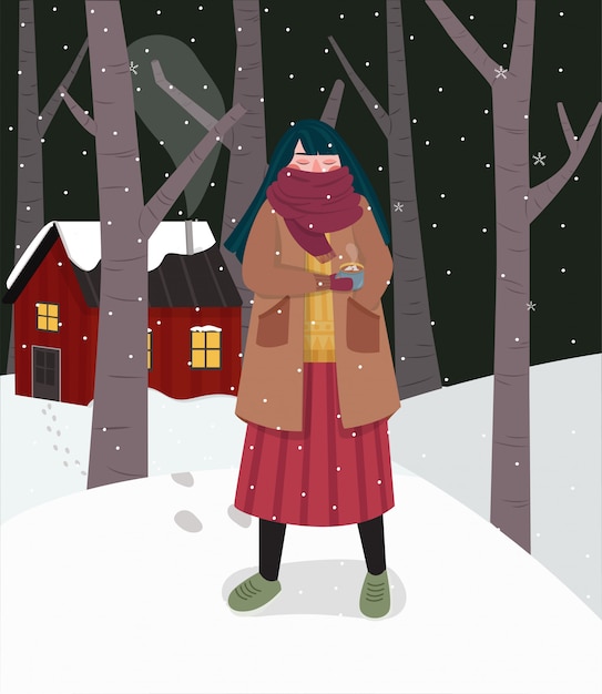 Winter illustration with woman standing in snowfall in forrest