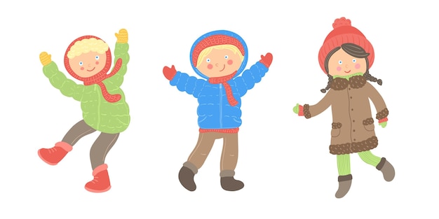 Winter kids illustration. Jumping boys and girls. Warm clothes. New year clipart kids.