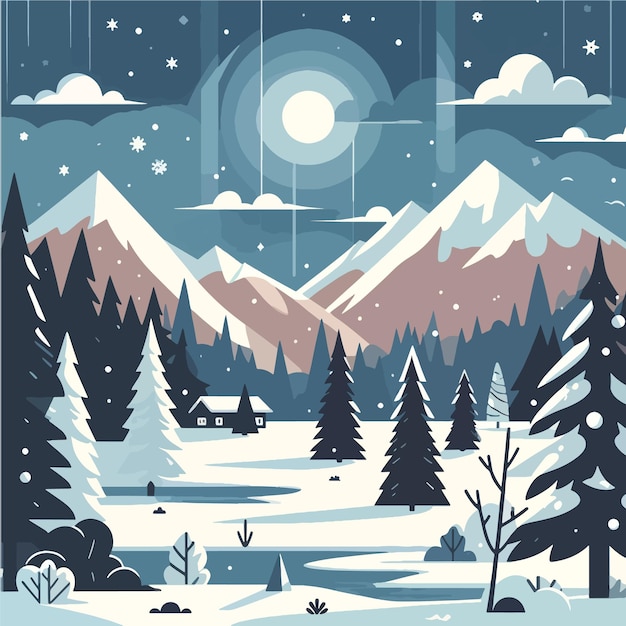 Winter landscape background flat vector illustration