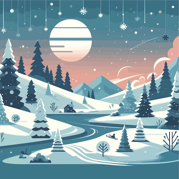 Winter landscape background flat vector illustration