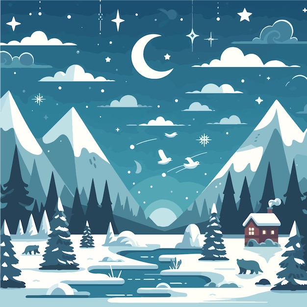 Vector winter landscape background flat vector illustration