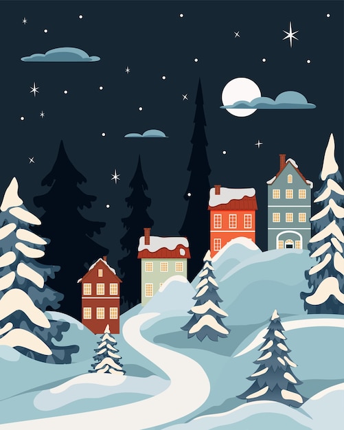 Winter landscape in flat style The Christmas landscape Vector illustration