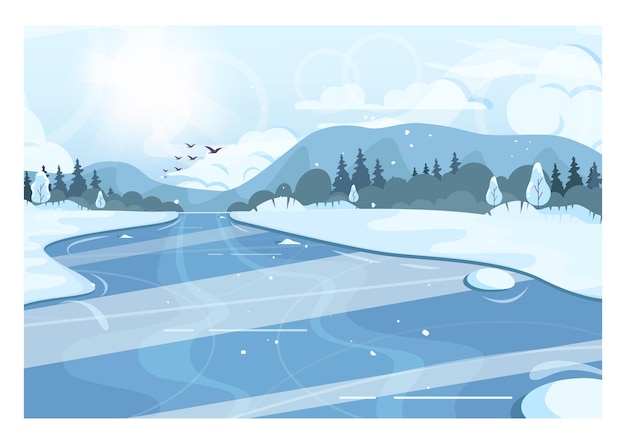 Winter landscape. Frozen river, pound or lake. Ice skating background. Mountain and forest scenery. Beautiful wild nature in snow, december freezing weather. Flat vector illustration