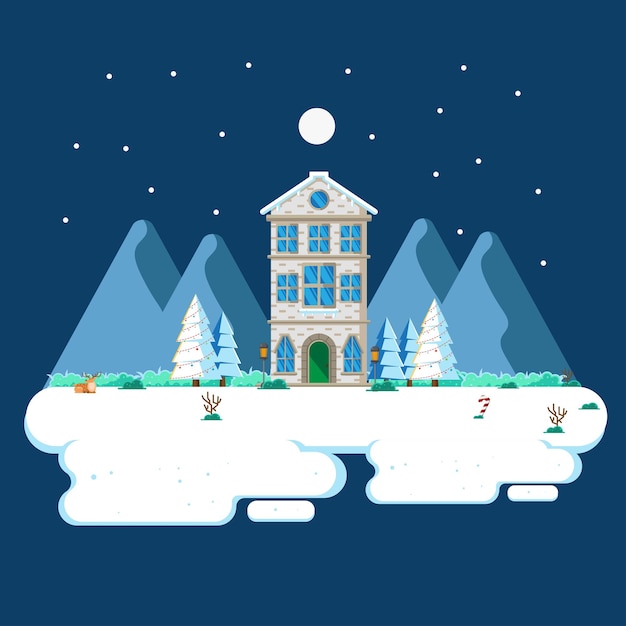 Winter landscape in the night with flat design illustration