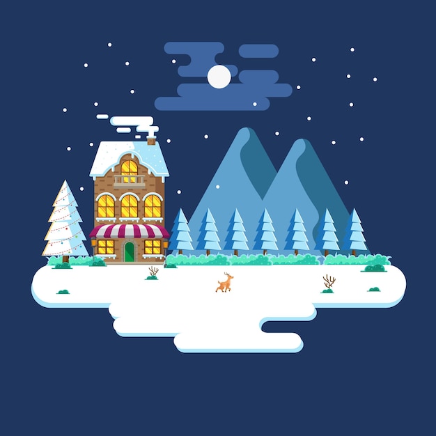 Winter landscape in the night with flat design illustration