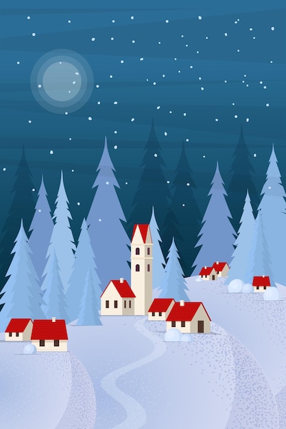 Winter landscape of small town on the hills in flat style