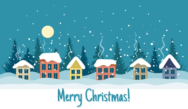 Winter landscape with cute houses trees and night sky with moon Merry Christmas greeting card