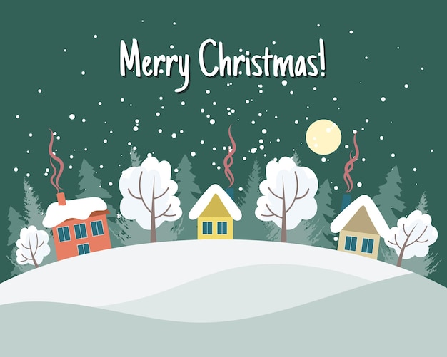 Winter landscape with cute houses trees and night sky with moon Merry Christmas greeting card