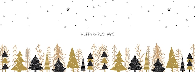 Winter landscape with forest trees in handdrawn style cartoon Christmas concept.