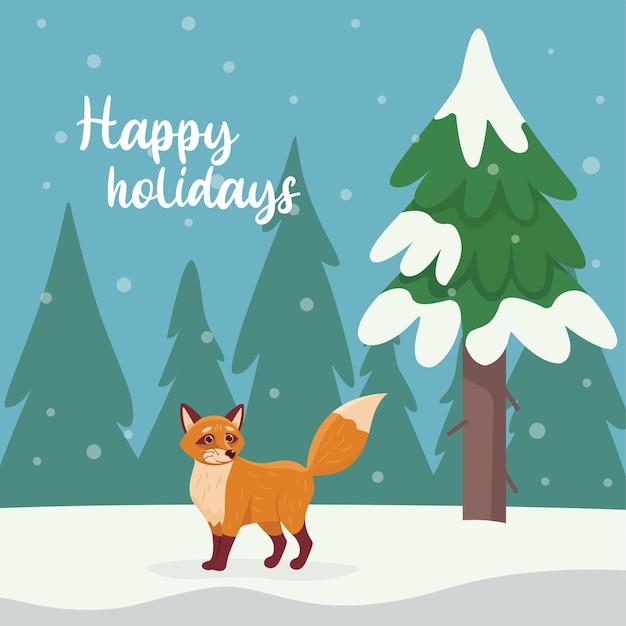 Vector winter landscape with a fox in a flat style illustration. red fox in a snowy forest. winter forest.