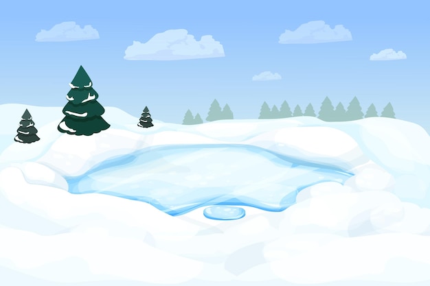 Winter landscape with frozen lake river in forest with snow and pine trees in cartoon style