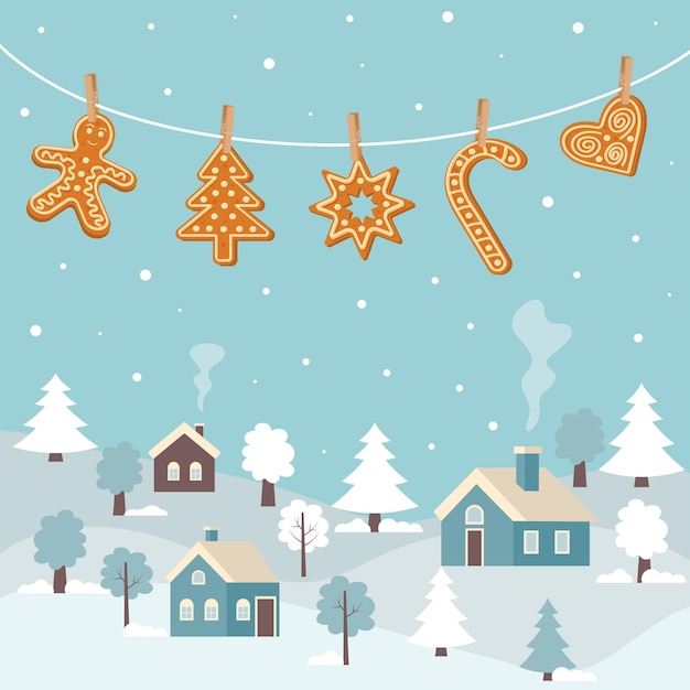 Winter landscape with hanging gingerbread cookies attached with clothespins. Christmas greeting card