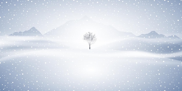 Vector winter landscape with hills and lonely tree