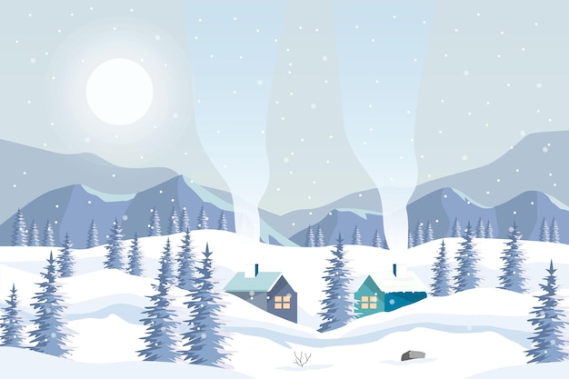 Winter landscape with mountain houses and tree in flat style design