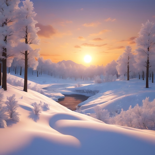 winter landscape with a river snowcovered trees on the riverbank and a dramatic cloudy sky at suns