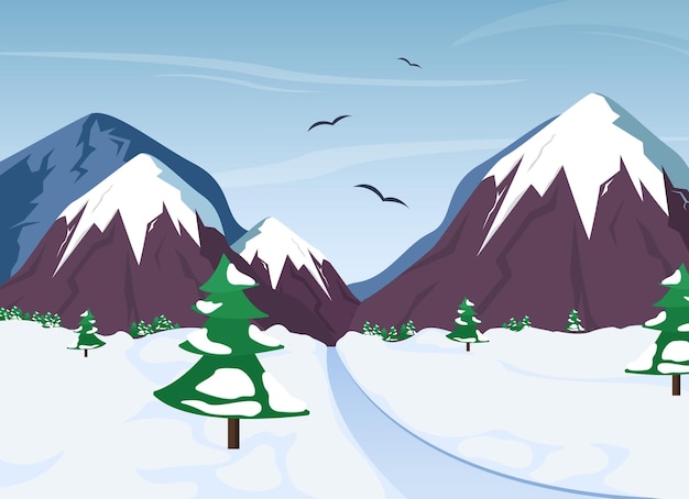 Winter landscape with road and mountains. Vector illustration.