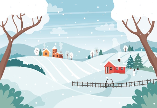 Winter landscape with trees, fields, houses. Seasonal countryside landscape. Vector illustration in flat style