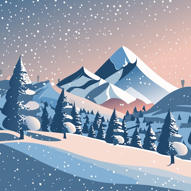 Vector winter landscape with trees mountains snow soft pastel colors poster