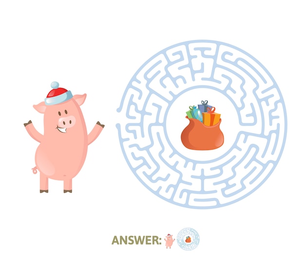 Winter Maze Game with funny Piggy character and answer. Help Piglet find his way in Labyrinth. Colorful flat . Isolated on white background.