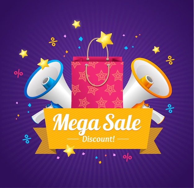 Winter Mega Sale Announcement Card with Paper Bag and Megaphone or Loudspeaker . Vector illustration