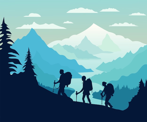 winter mountain hiking landscape illustration