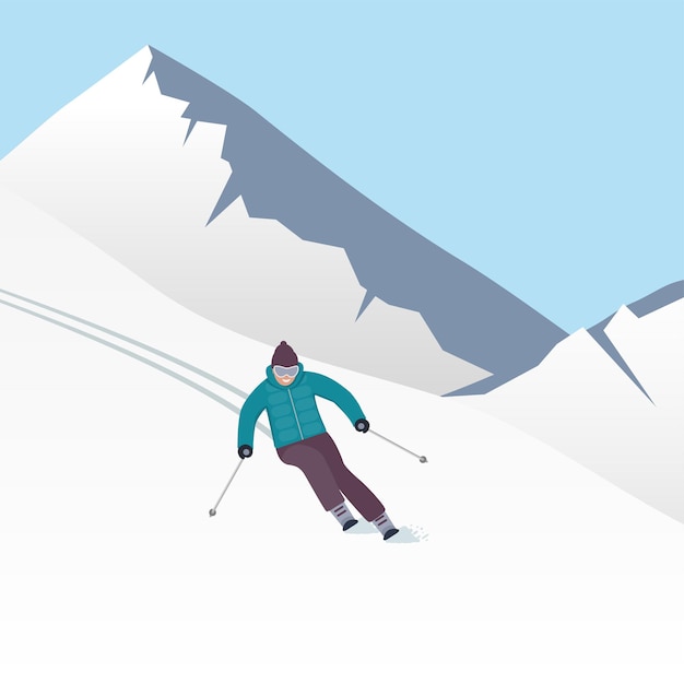 Winter mountain landscape with skier racing down the slope Winter sports vacation banner Vector illustration