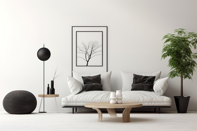 Winter new year interior of living room with sofa Scandinavian design 3D illustration