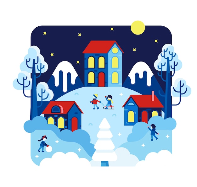 Winter night landscape with children playing winter games ice lake and houses