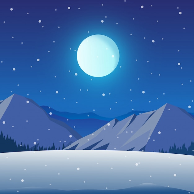 Winter night landscape with mountain, forest, and full moon