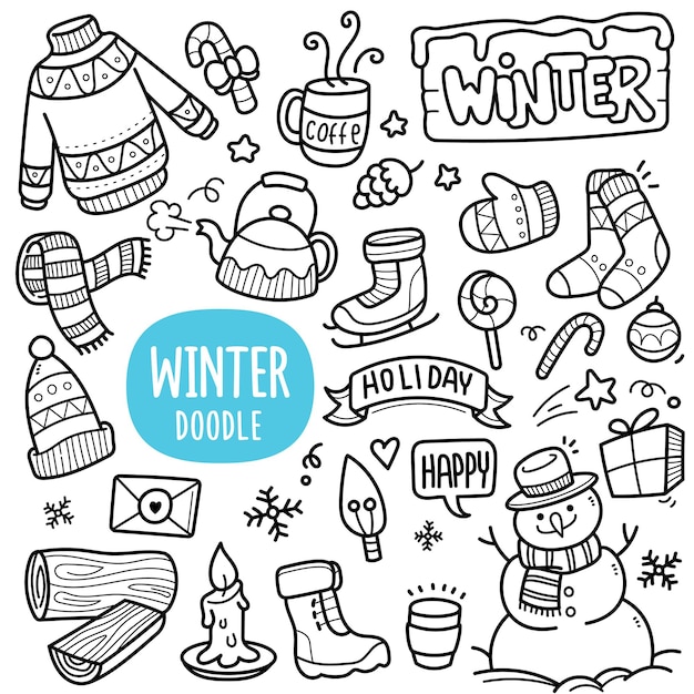 Winter objects black and white doodle illustration