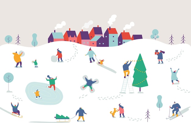 Winter outdoor activities Flat vector illustration