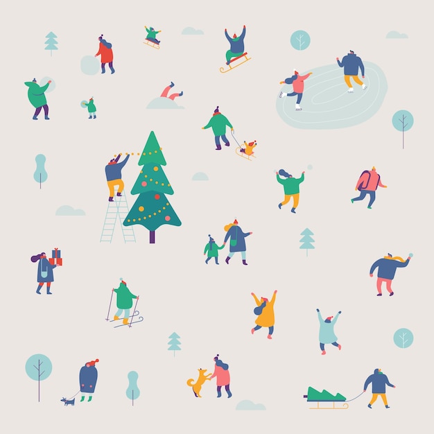 Winter outdoor activities Flat vector illustration