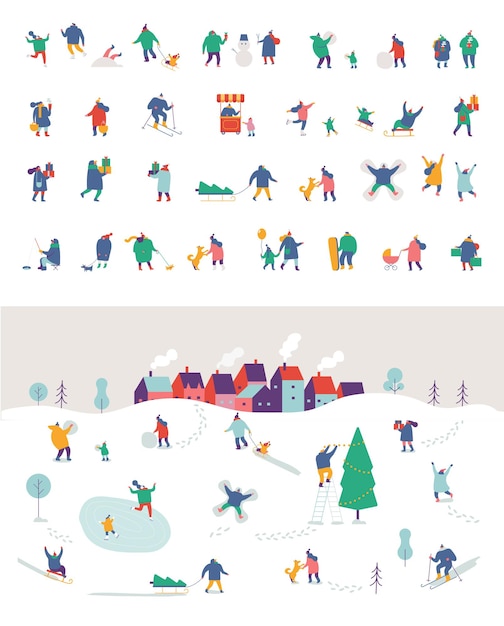 Winter outdoor activities. Flat vector illustration.