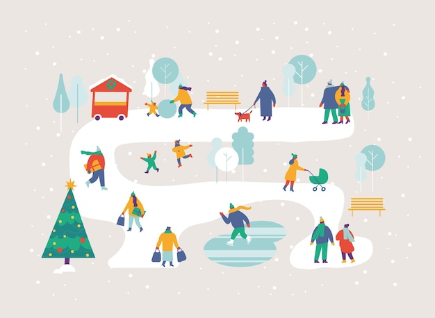 Vector winter outdoor activities. people in winter park flat illustration