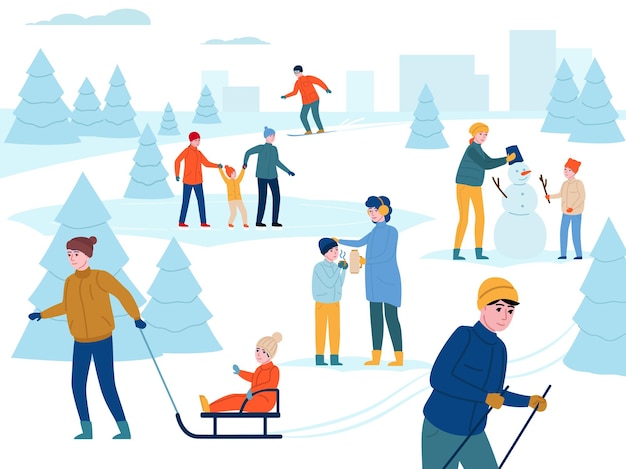 Winter outdoor activity. Happy parents with children walk, have fun in snow city park, people go skiing, making snowman and other activities outdoors vector background