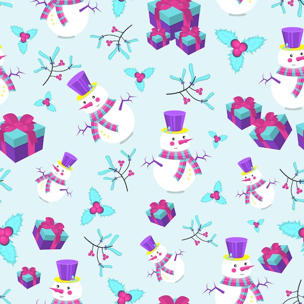 Winter pattern with snowmen and christmas attributes. flat vector illustration.