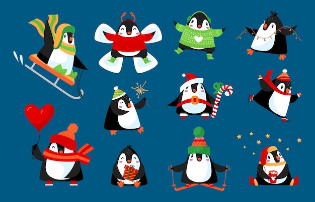 Winter penguins cartoon characters Penguin family xmas holiday cute classy flat vector christmas animals with gift heart balloon and sweets