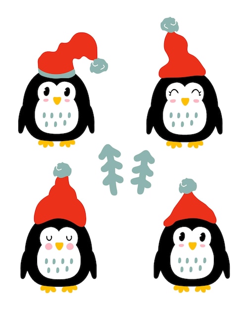 Winter penguins in hats with christmas trees collection Perfect for posters greeting cards tee stickers and print Isolated vector illustration for decor and design